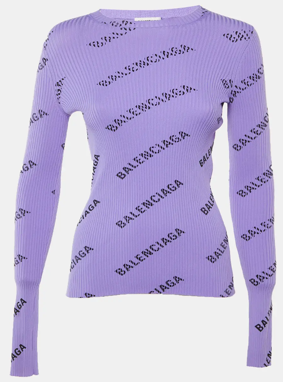 Balenciaga Purple All Over Logo Rib Knit Long Sleeve Jumper XS