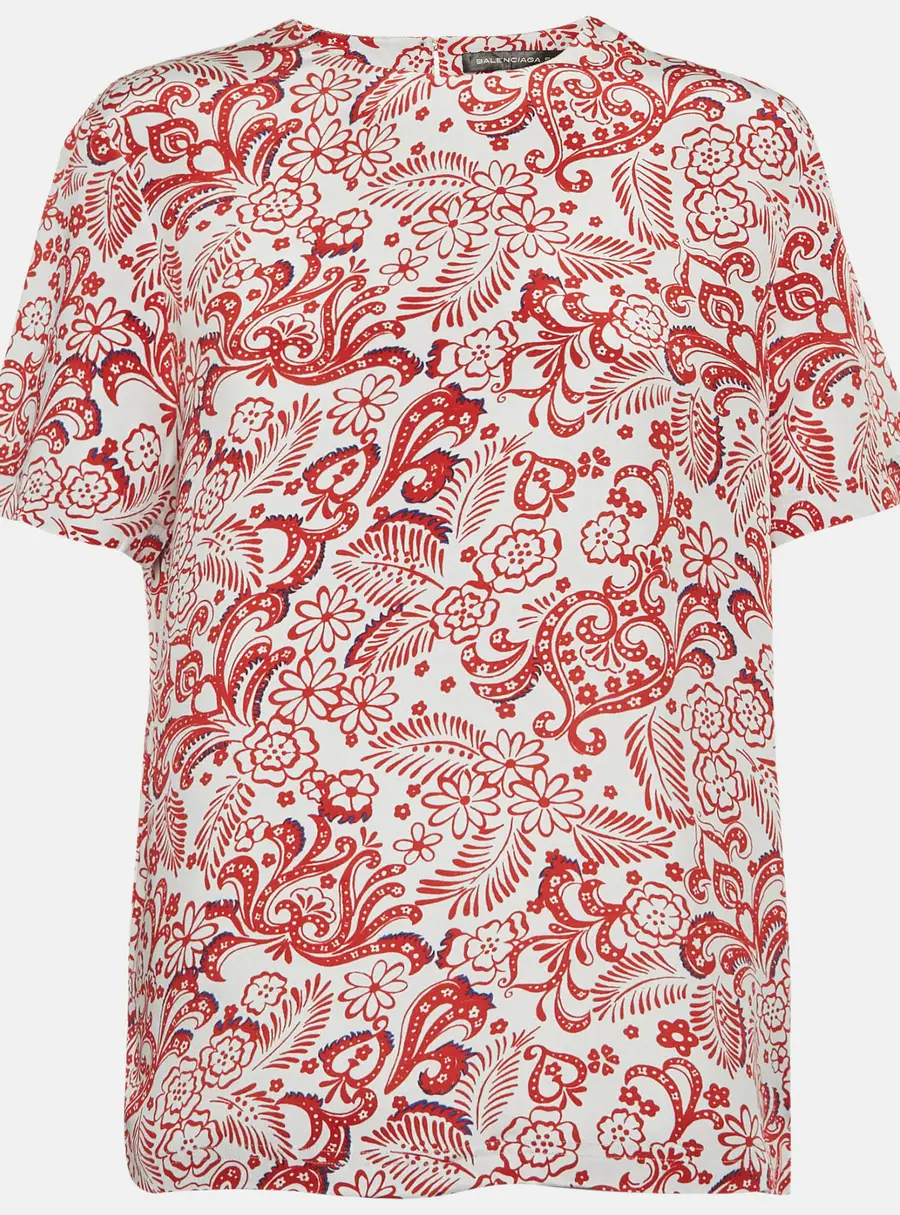 Balenciaga White/Red Floral Print Silk Blouse M