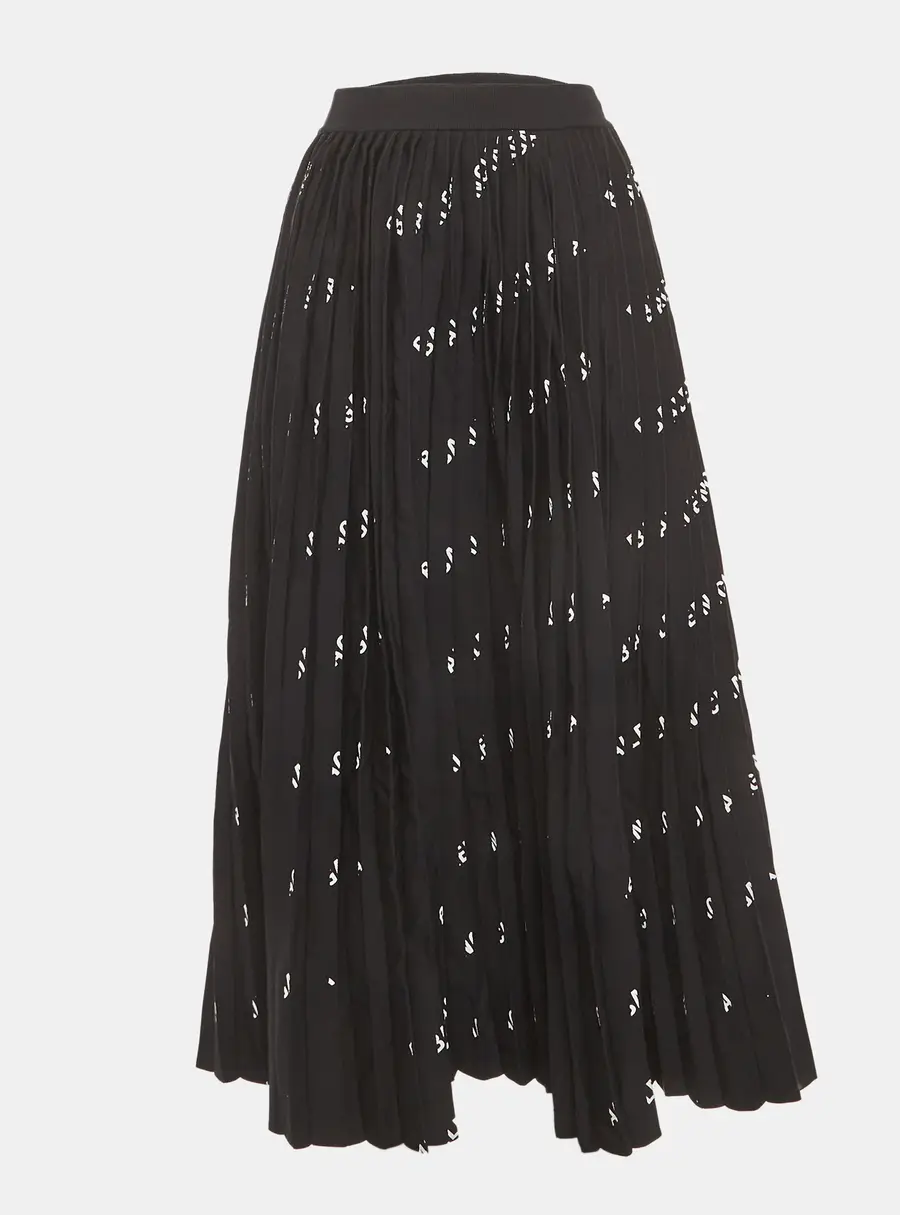 Balenciaga Black Logo Print Knit Pleated Midi Skirt XS