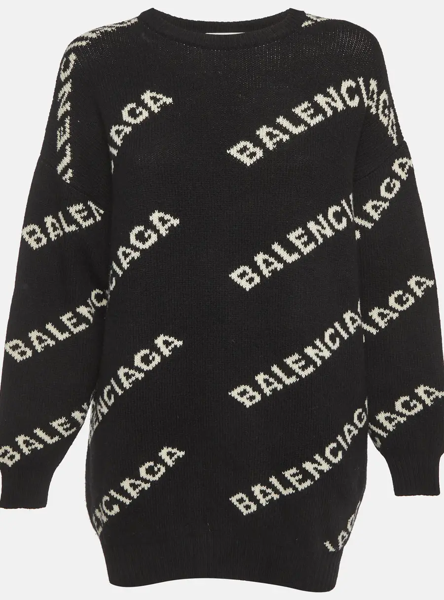 Balenciaga Black/White All-Over Logo Intarsia Wool Knit Sweater S