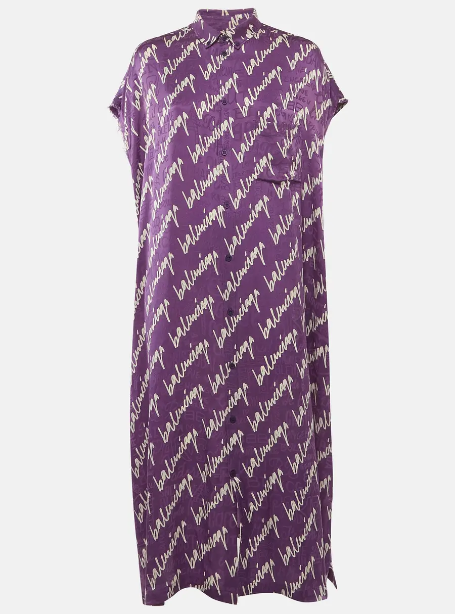 Balenciaga Purple Scribble Print Silk Jacquard Rawcut Midi Dress M