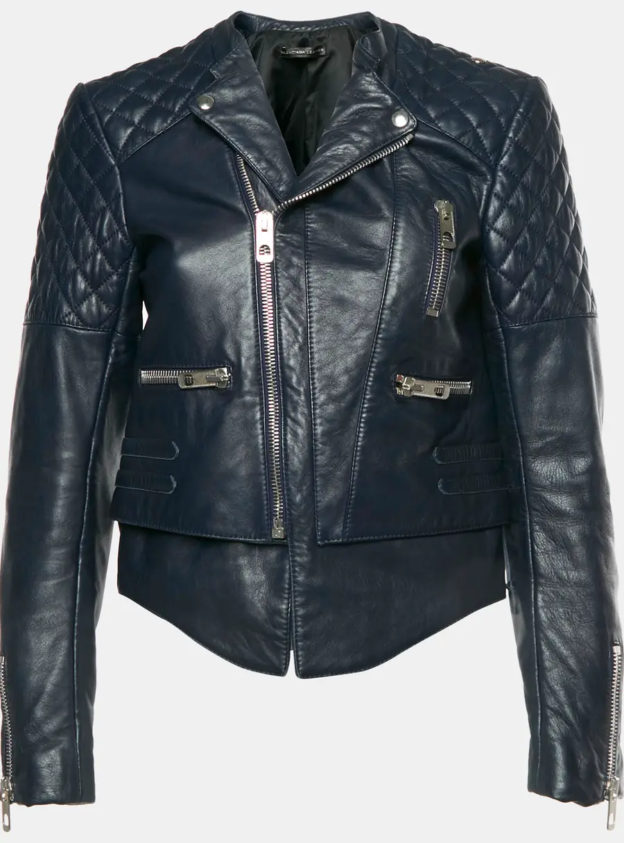 Balenciaga Blue Leather Quilted Biker Jacket M