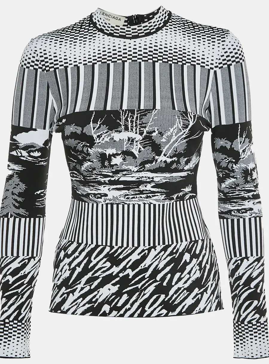 Balenciaga Black/White Abstract Print Knit Long Sleeves Top S