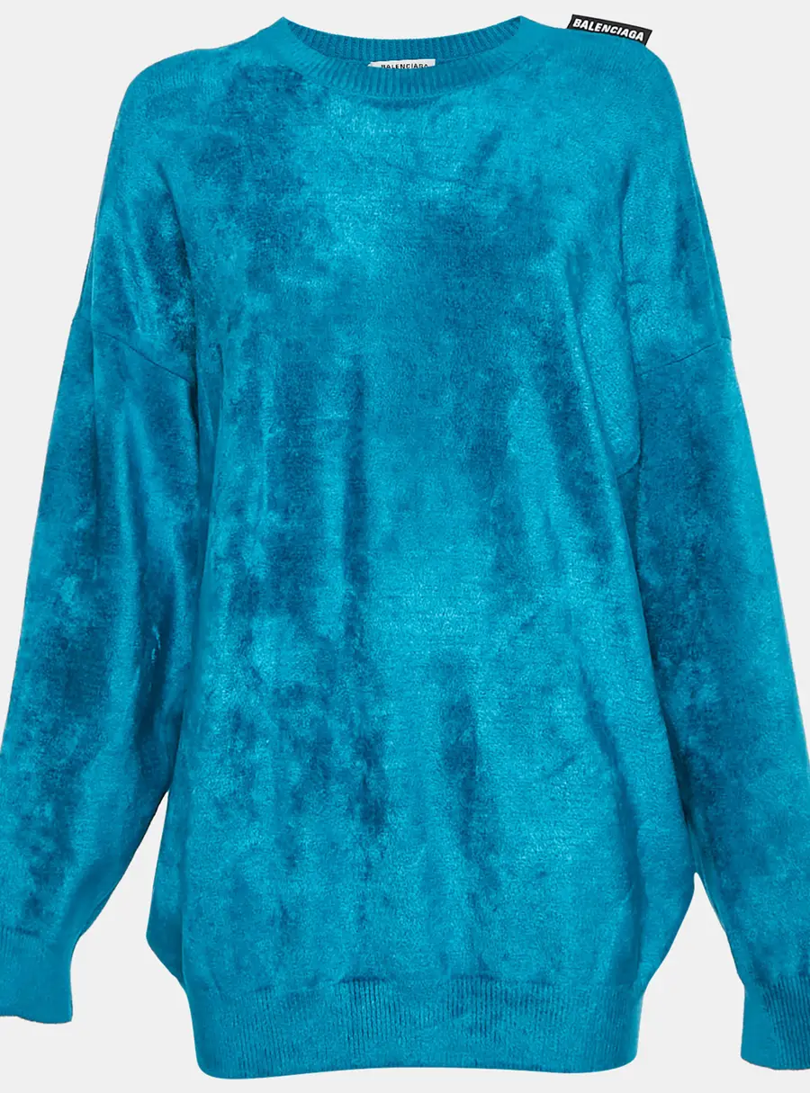Balenciaga Turquoise Velvet Jersey Knit Pullover Sweater S