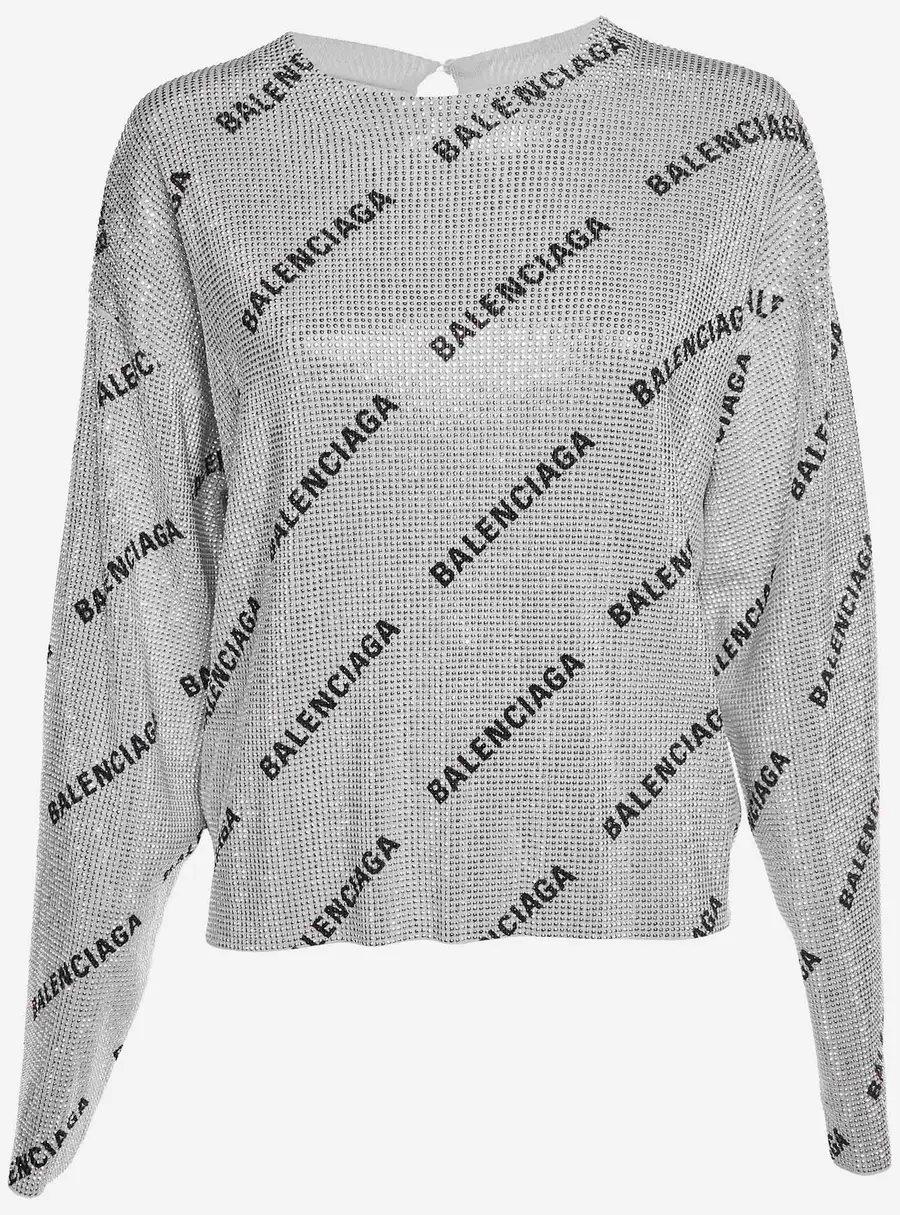 Balenciaga Grey Logo All Over Wool Knit Rhinestone Detail Sweatshirt M
