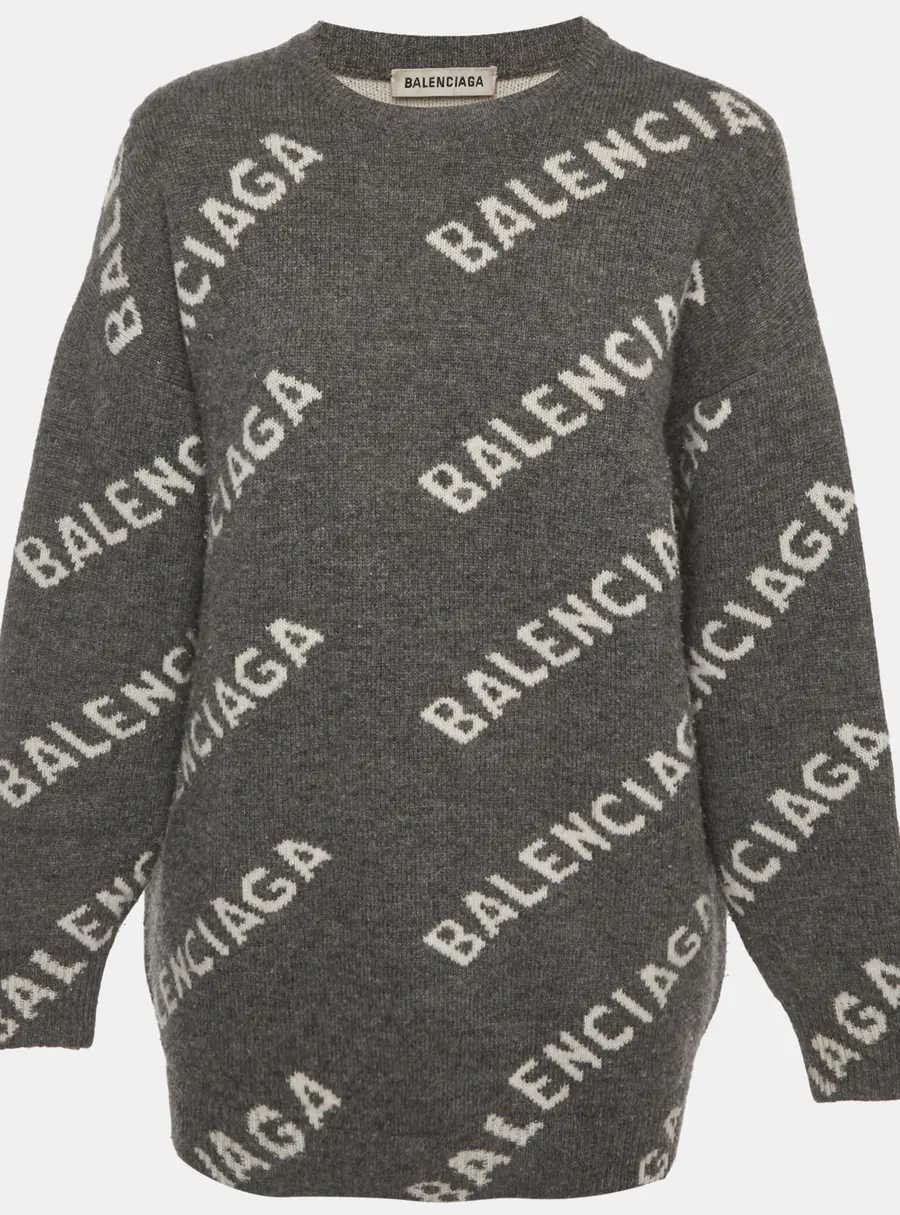 Balenciaga Grey Logo Overall Wool Knit Sweater S
