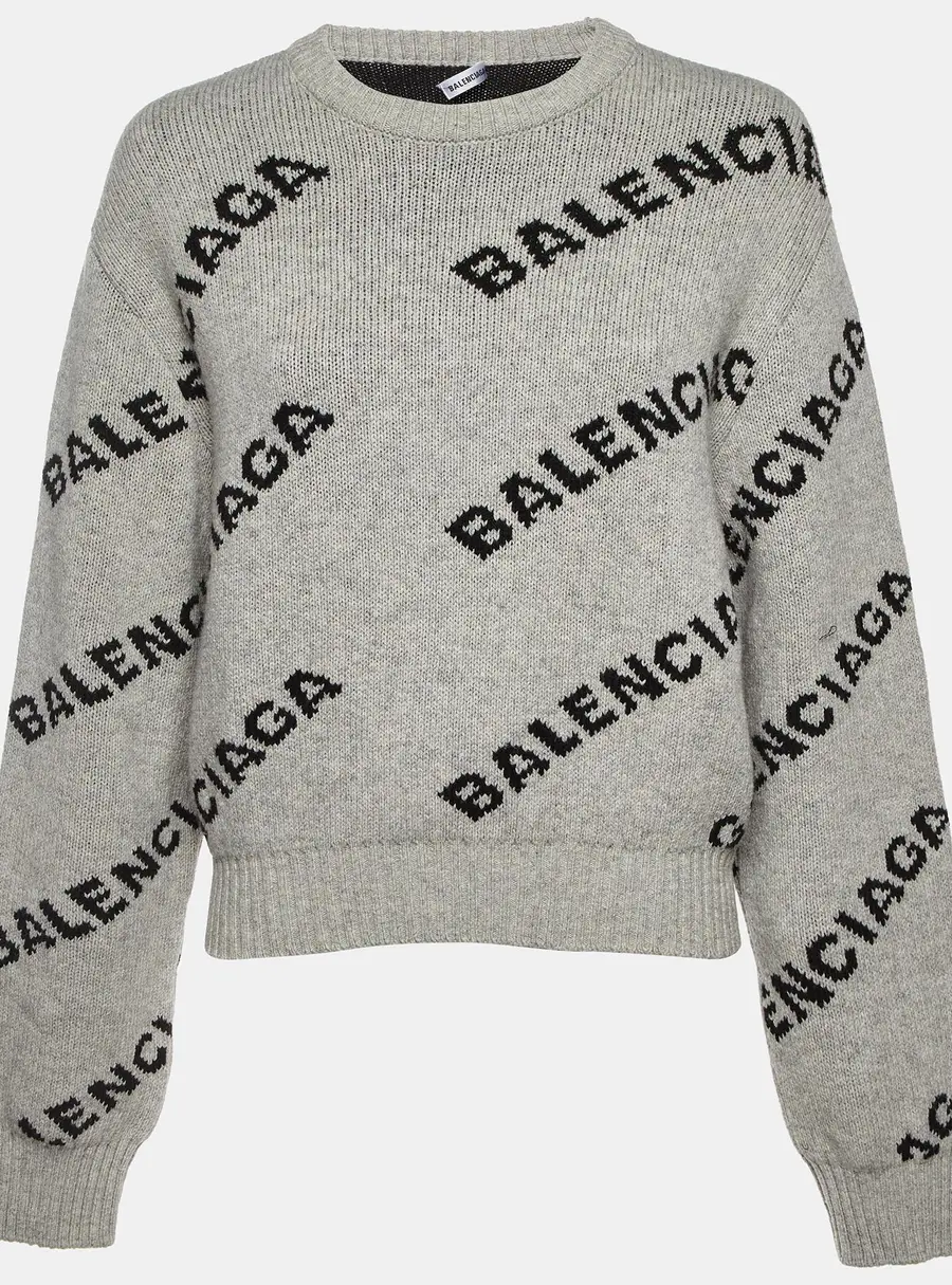 Balenciaga Grey Wool Blend Allover Logo Crewneck Sweater M