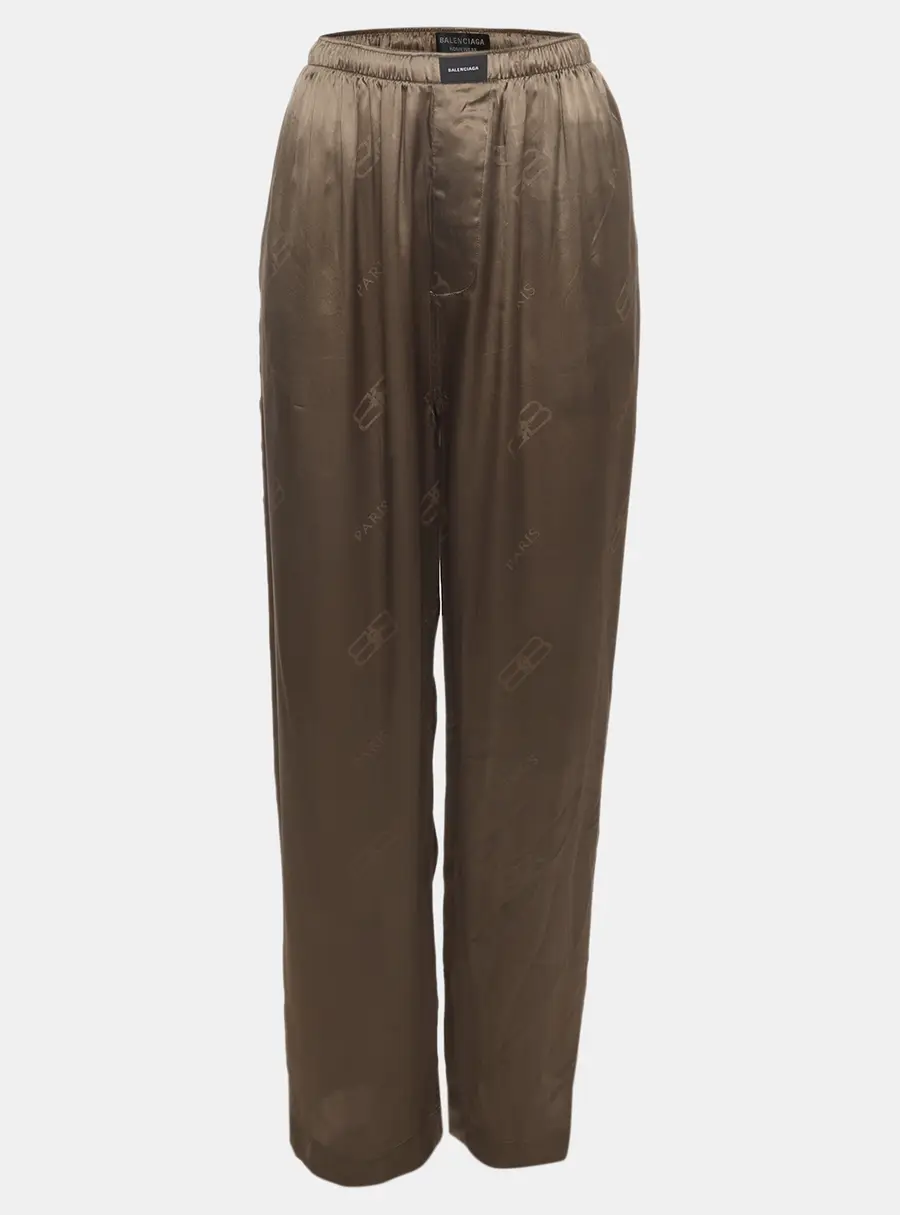 Balenciaga Homewear Grey Logo Print Satin Pyjama Pants S