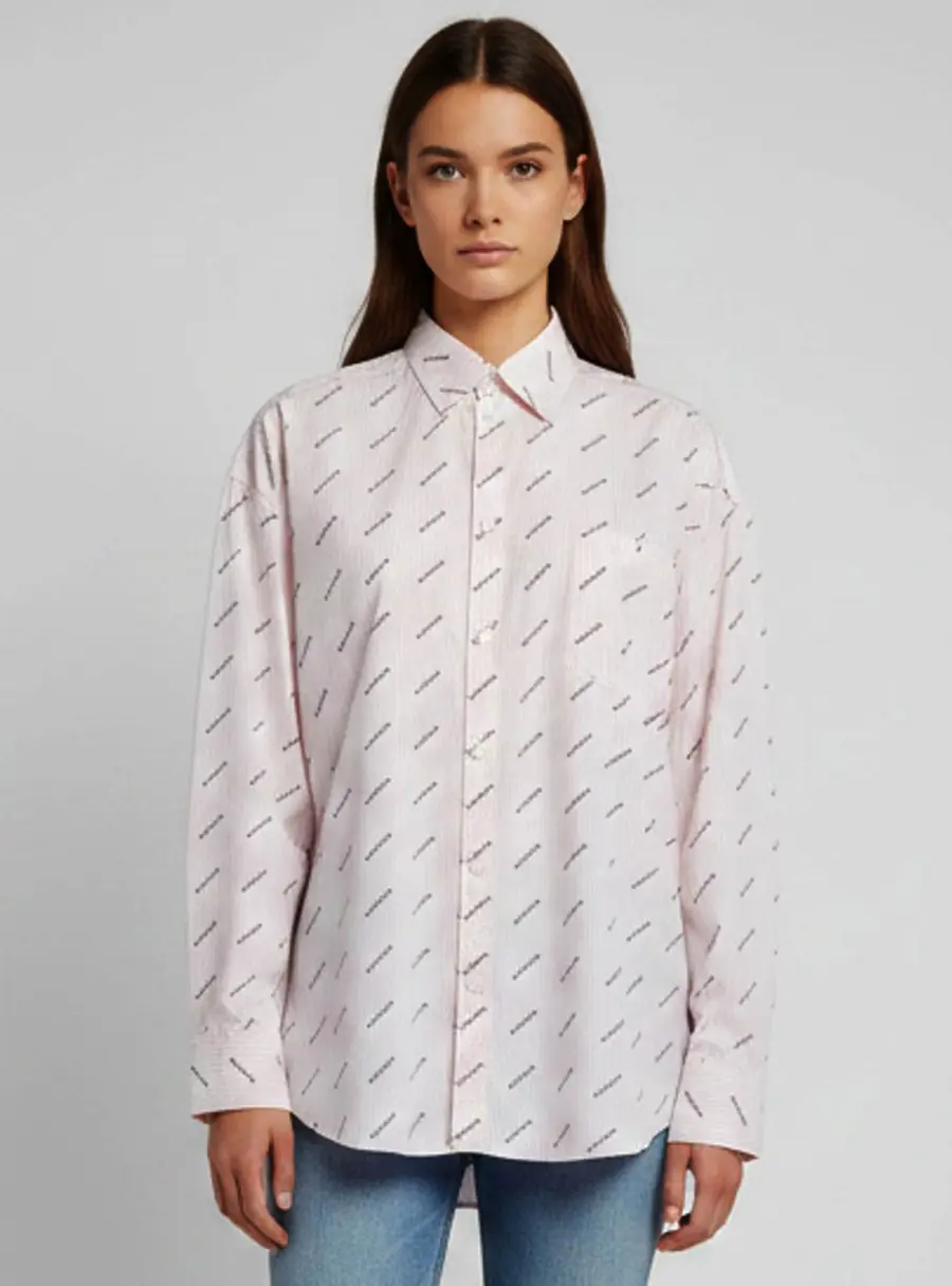 Balenciaga Pink Logo Print Striped Cotton Oversized Shirt M