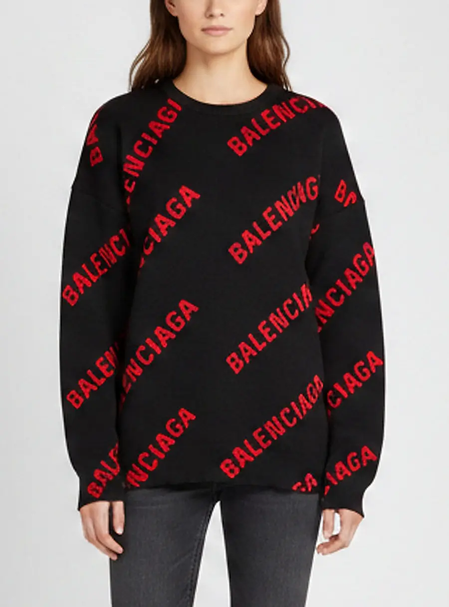 Balenciaga Black/Red All Over Logo Intarsia Knit Crewneck Sweater XL