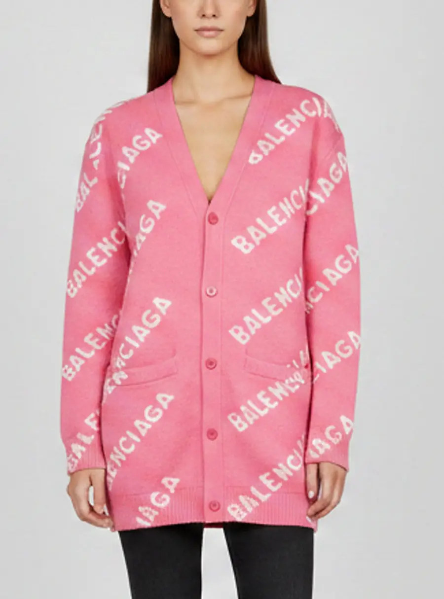 Balenciaga Pink All Over Logo Wool Knit Cardigan M