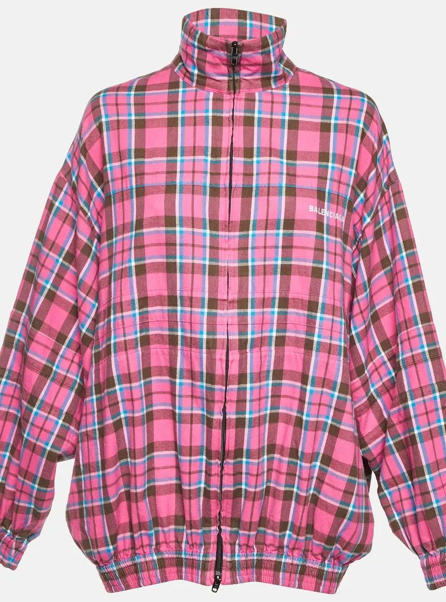 Balenciaga Pink Plaid Flannel Oversized Zip Up Jacket M