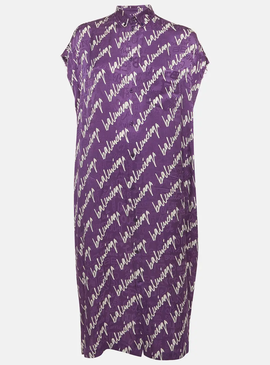 Balenciaga Purple Scribbled Silk Jacquard Rawcut Dress XXS