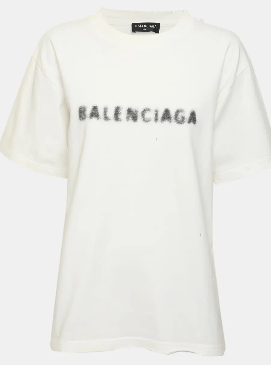 Balenciaga White Jersey Blurry Logo Distressed T-Shirt M