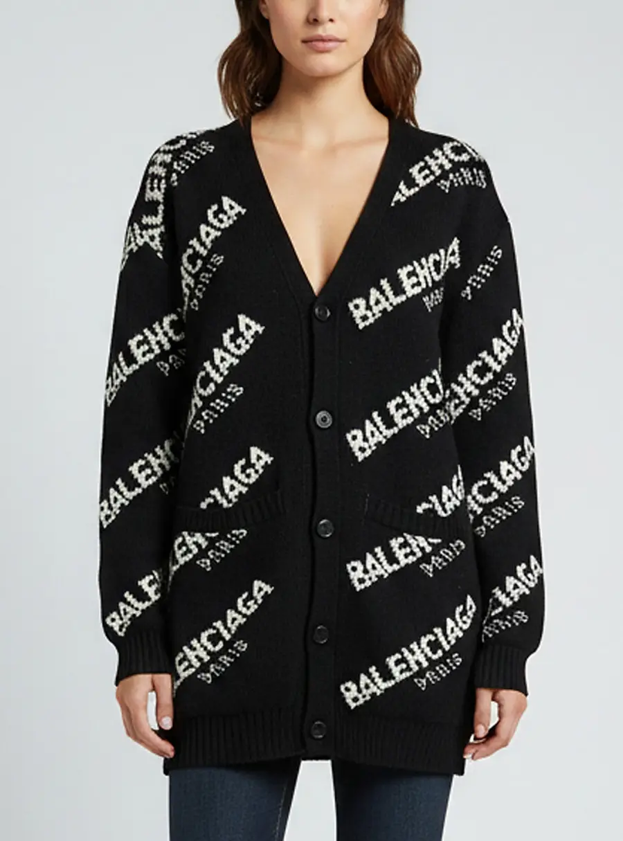 Balenciaga Black/White Logo Intarsia Knit V-Neck Long Cardigan L