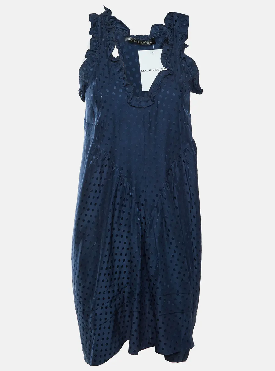Balenciaga Teal Blue Polka Dot Pattern Satin Ruffled Mini Dress M