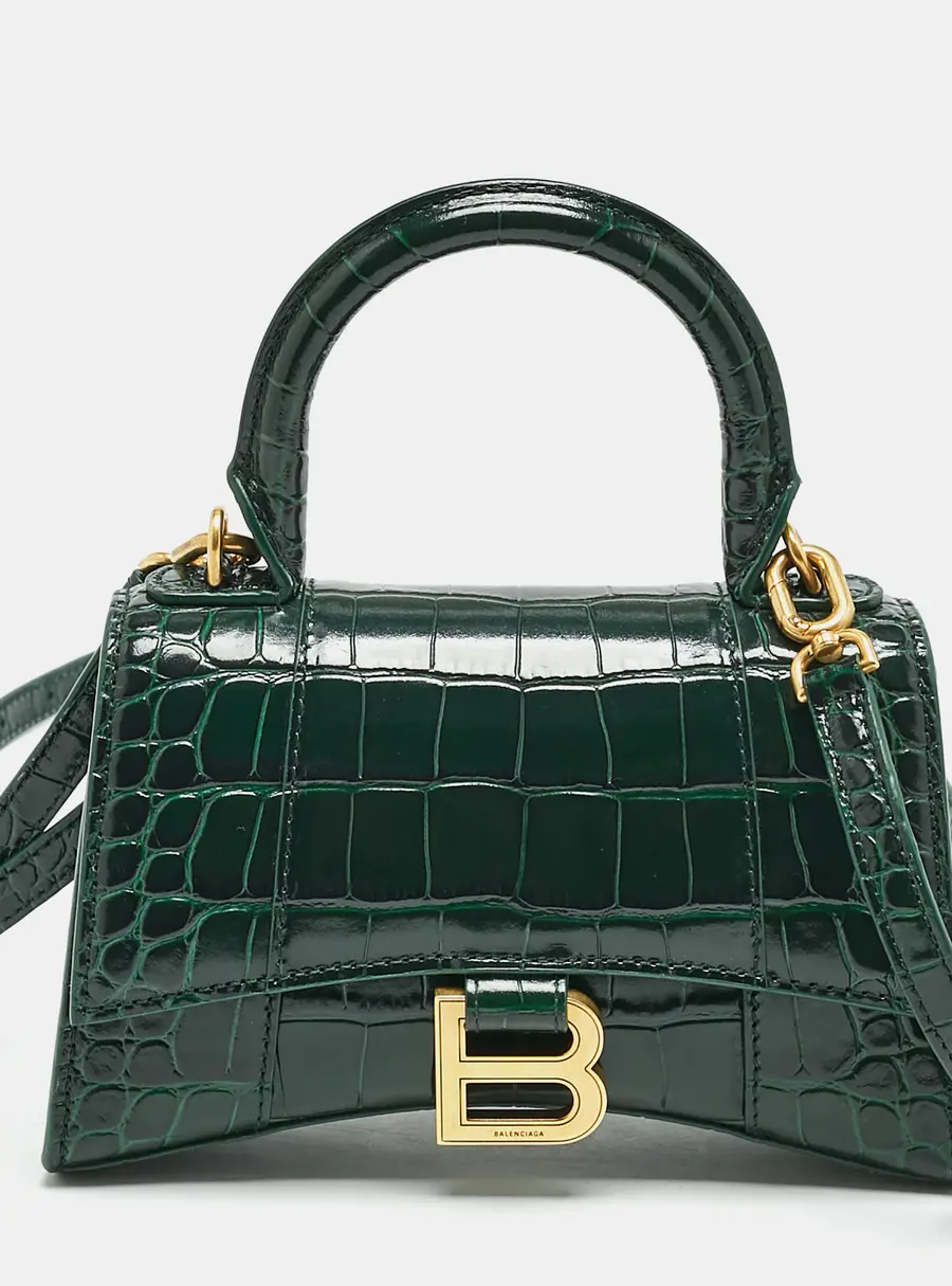 Balenciaga Hourglass XS Green Croc Embossed Leather Top Handle Bags