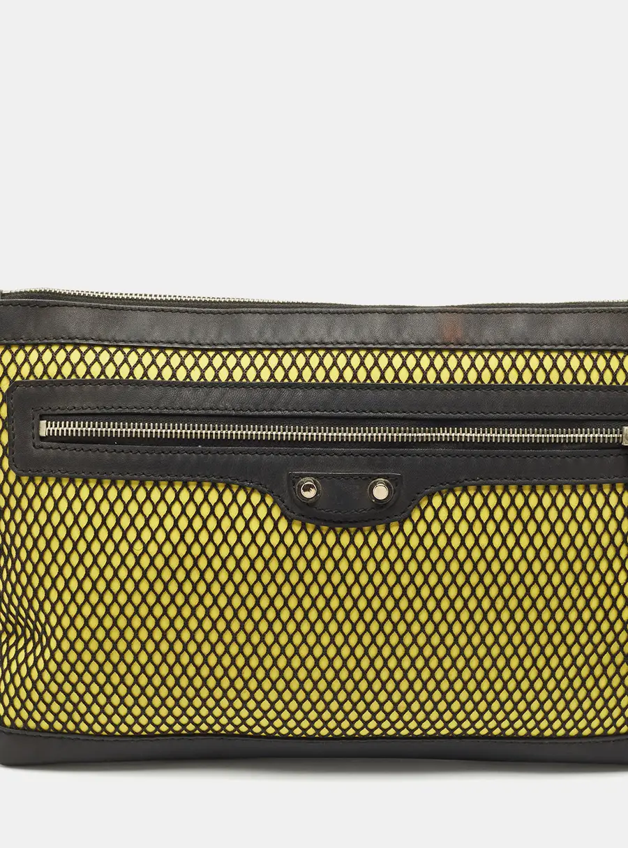 Balenciaga Black/Yellow Mesh Nylon and Leather Clip Clutch