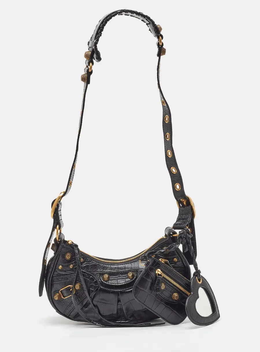 Balenciaga Black Croc Embossed Leather XS Le Cagole Shoulder Bag