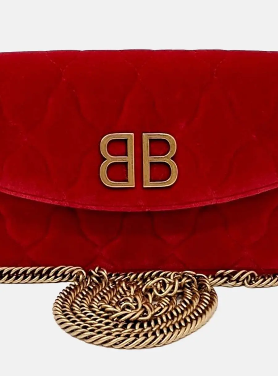 Balenciaga BB Chain Small Red Velvet Crossbody Bag