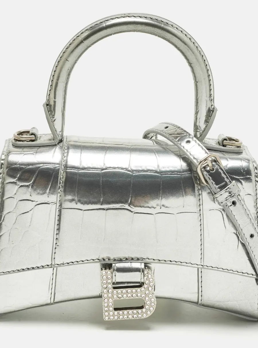 Balenciaga Hourglass XS Silver Croc Embossed Leather Top Handle Bag