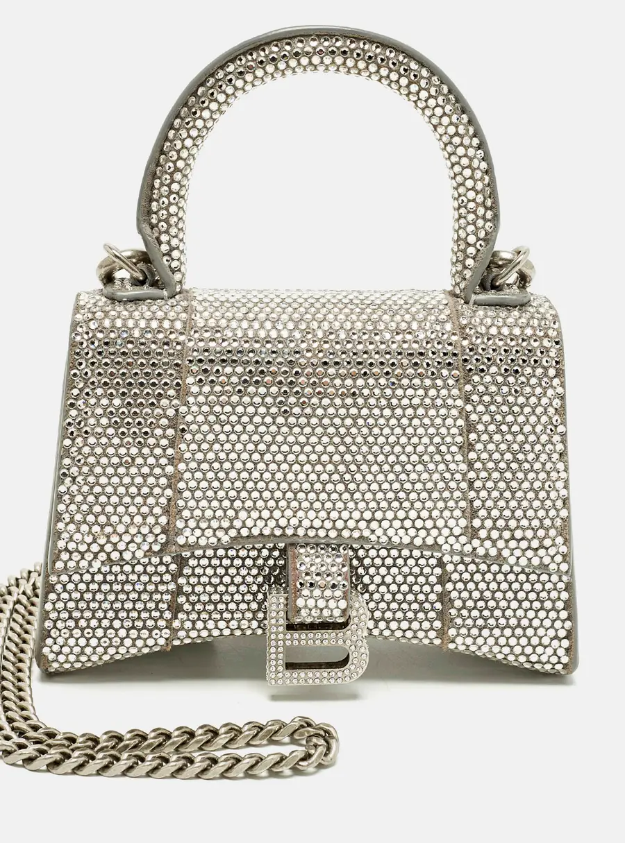 Balenciaga Hourglass Crystal Mini Silver Suede Top Handle Bag