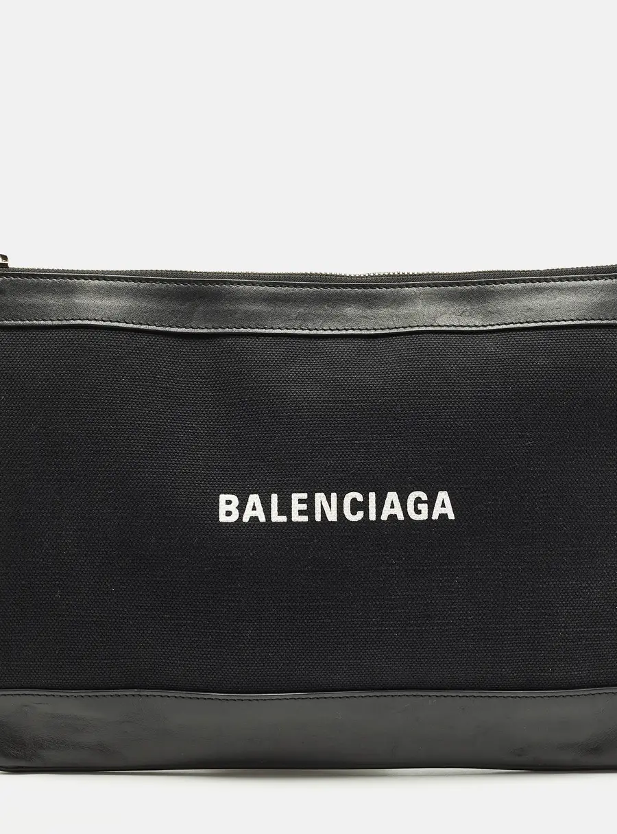 Balenciaga Navy Clip Black Canvas and Leather Zip Pouch
