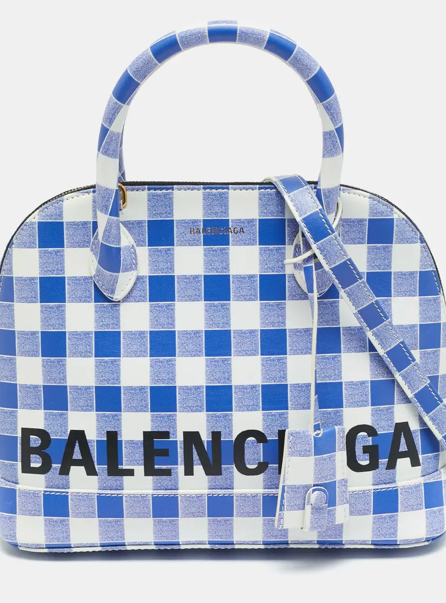 Balenciaga Ville Small Blue/White Checkered Leather Satchel