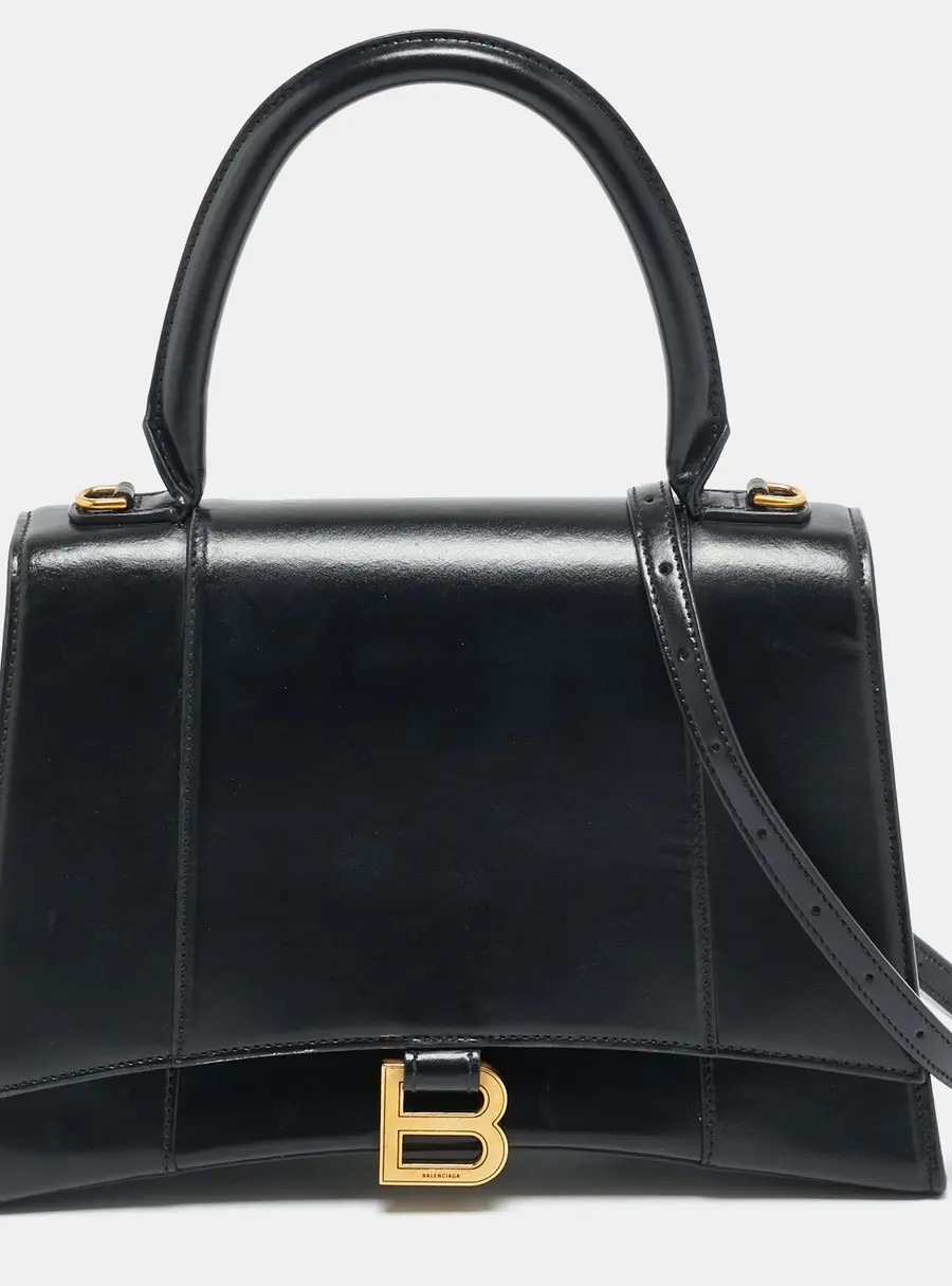 Balenciaga Hourglass Medium Black Leather Top Handle Bag
