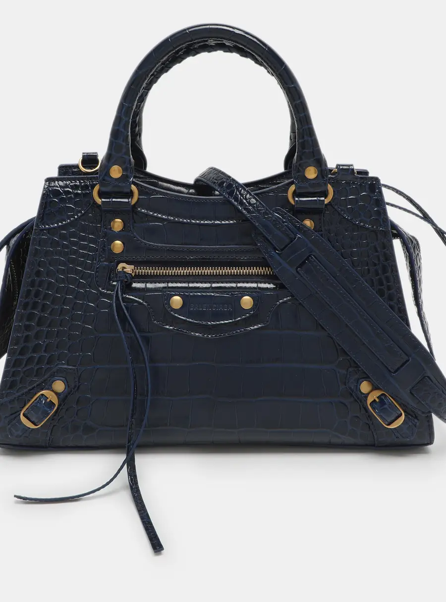 Balenciaga Neo Classic Small Blue Croc Embossed Leather Satchel