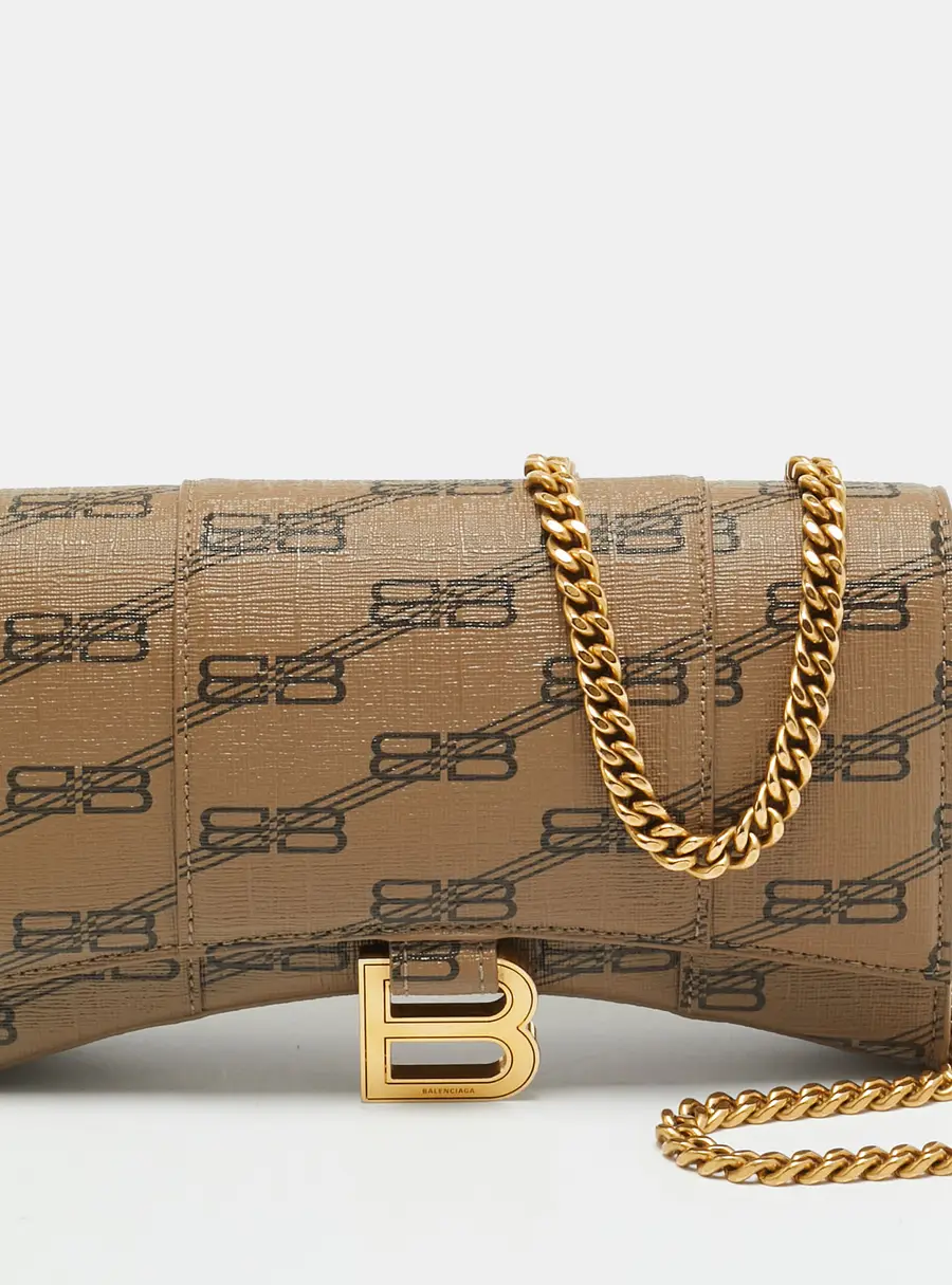 Balenciaga Hourglass Beige/Brown BB Monogram Coated Canvas Wallet On Chain