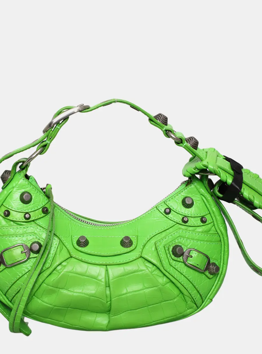 Balenciaga Le Cagole XS Green Croc-Embossed Leather Shoulder Bag