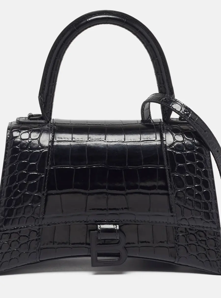 Balenciaga Hourglass Small Black Croc Embossed Leather Top Handle Bag