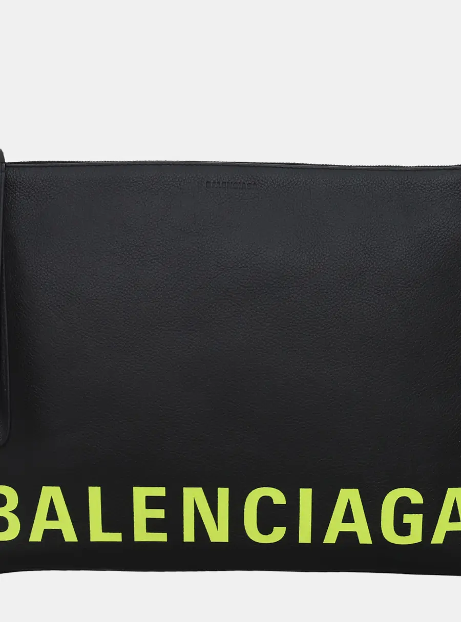 Balenciaga Large Black Grained Leather Wristlet Clutch Bag