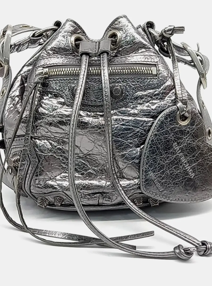 Balenciaga Silver Leather Le Cagol Bucket Bag XS