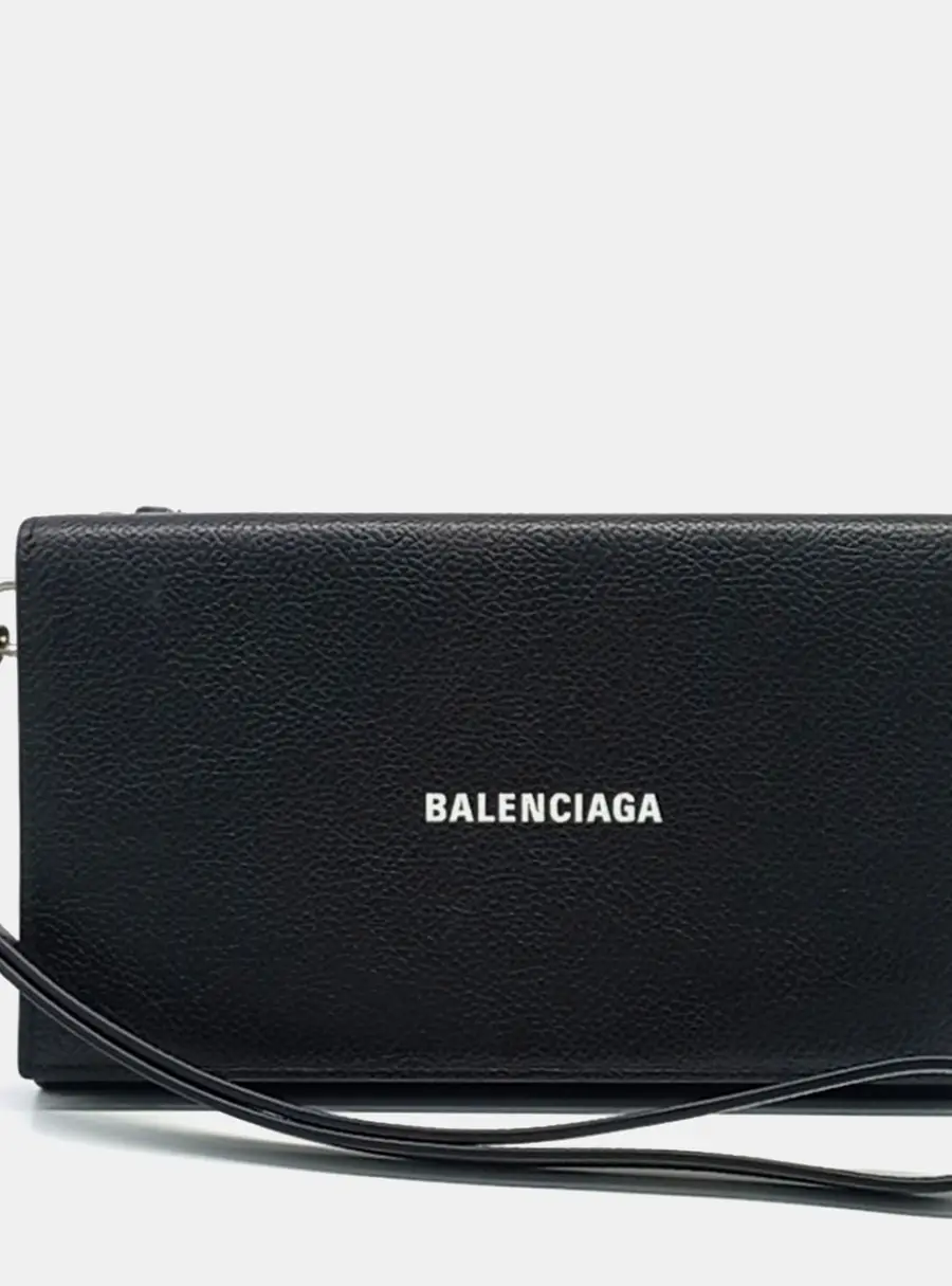Balenciaga Logo Medium Black Grained Leather Wristlet Bag