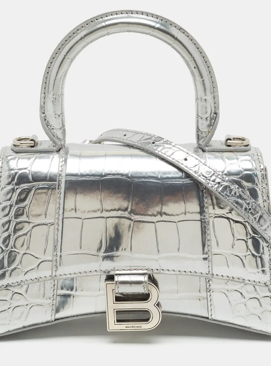 Balenciaga Hourglass XS Silver Croc Embossed Patent Leather Top Handle Bag