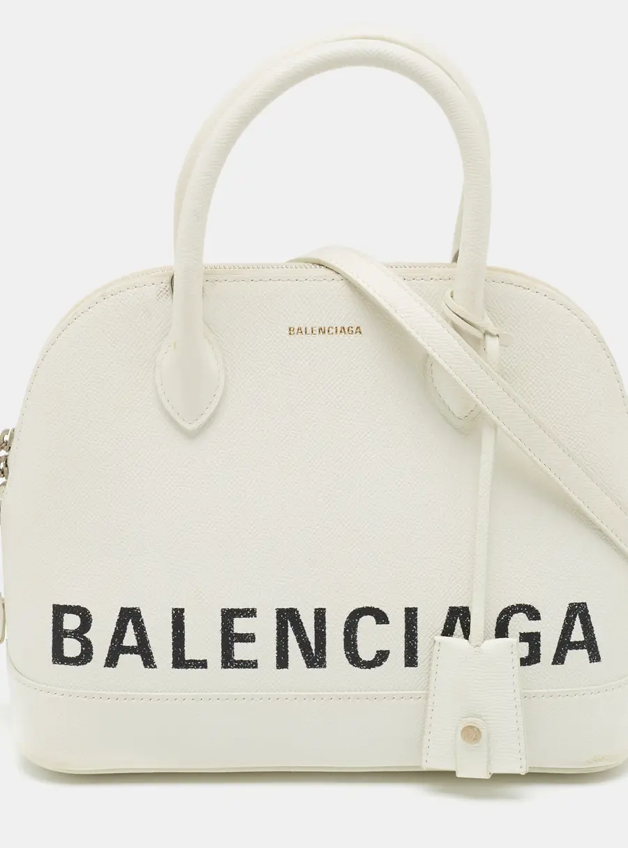 Balenciaga Logo Ville Small White Leather Top Handle Bag
