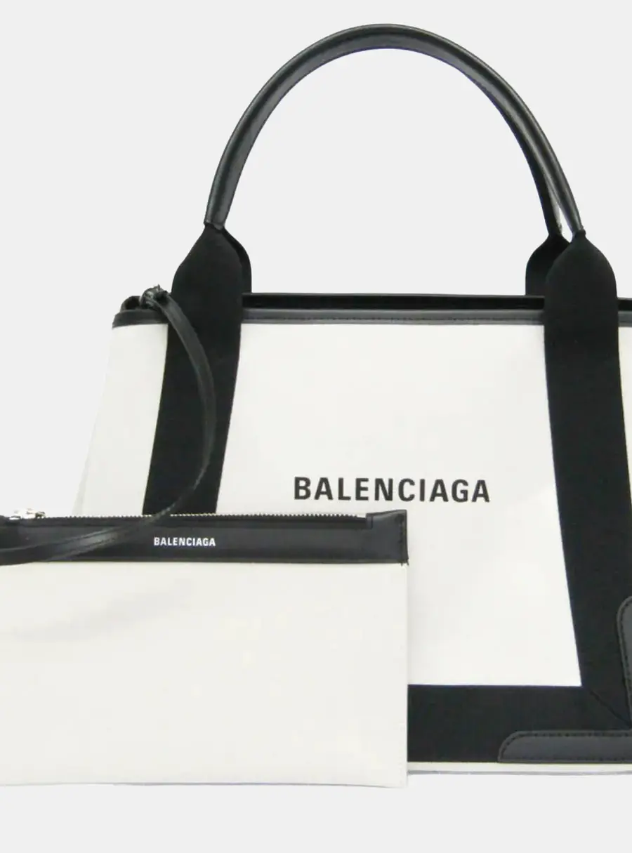 Balenciaga Navy Cabas S White Black Canvas Leather Top Handle Bag