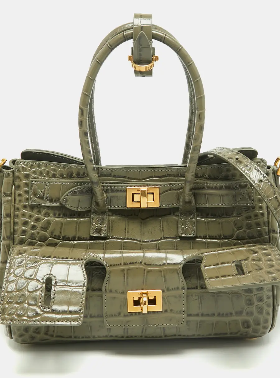 Balenciaga Bel Air Mini Light Green Croc Embossed Leather Carryall Bag