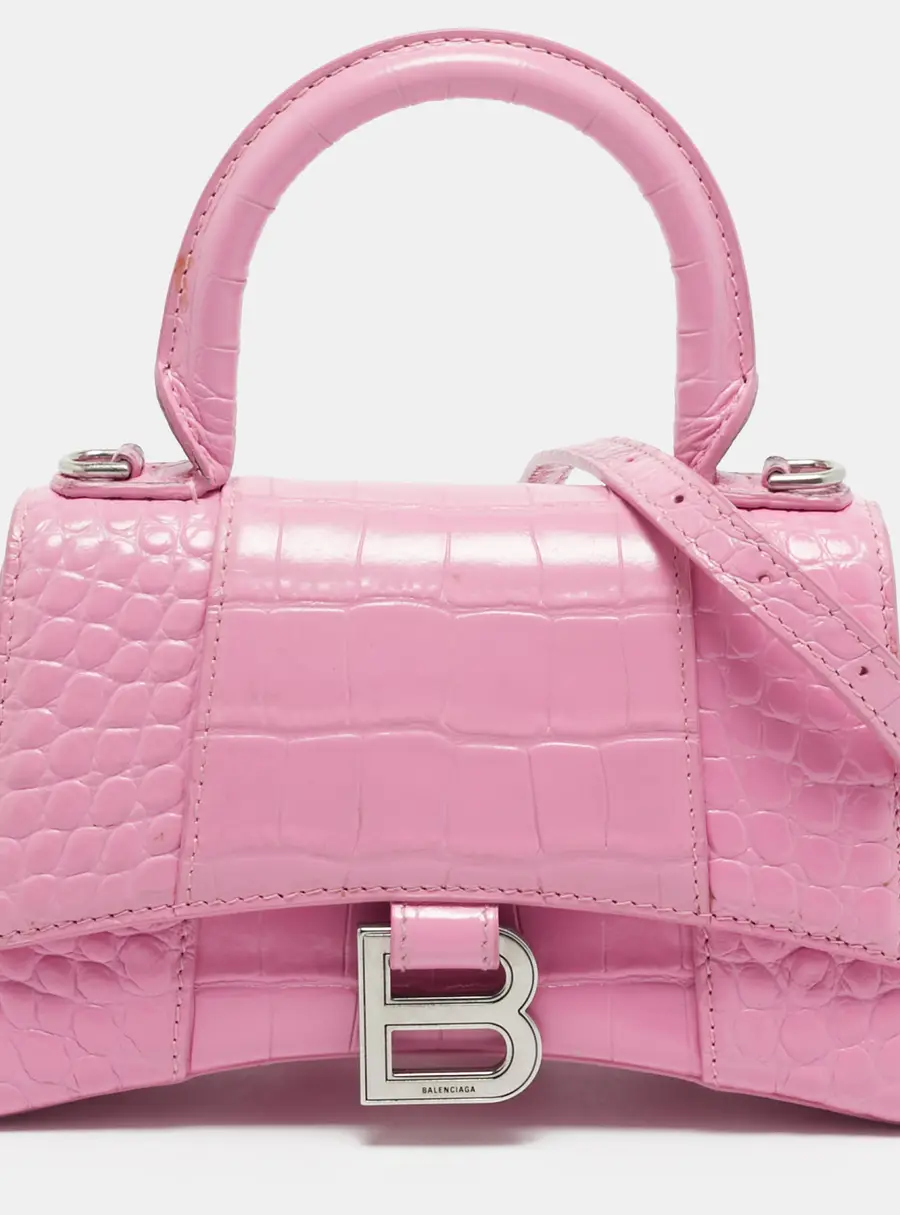 Balenciaga Hourglass XS Pink Croc Embossed Leather Top Handle Bag