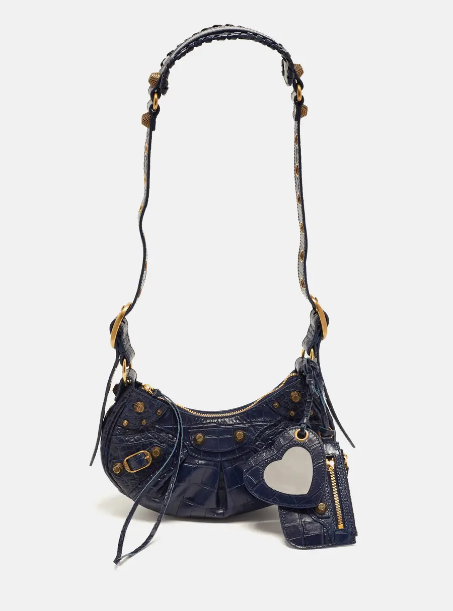 Balenciaga Le Cagole XS Dark Blue Croc Embossed Leather Shoulder Bag