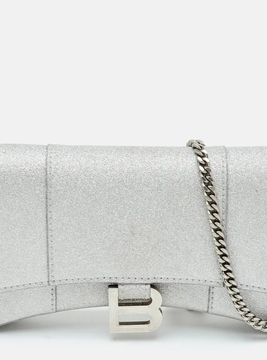 Balenciaga Hourglass Silver Glitter Leather Wallet On Chain