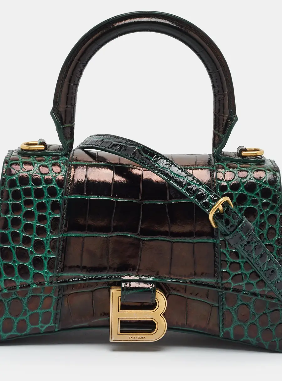 Balenciaga Hourglass XS Dark Green Croc Embossed Leather Top Handle Bag