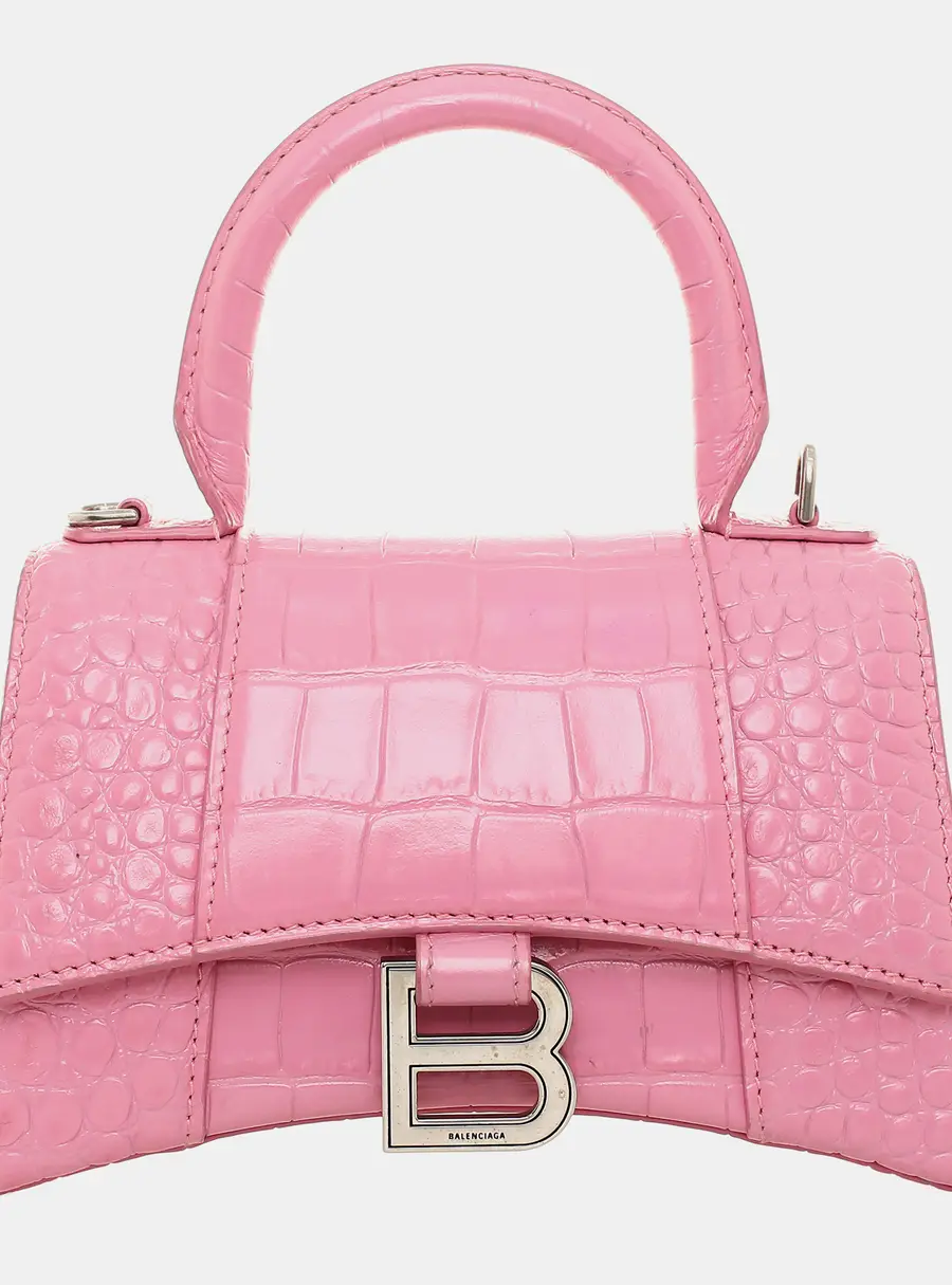 Balenciaga Hourglass XS Pink Croc Embossed Leather Top Handle Bag