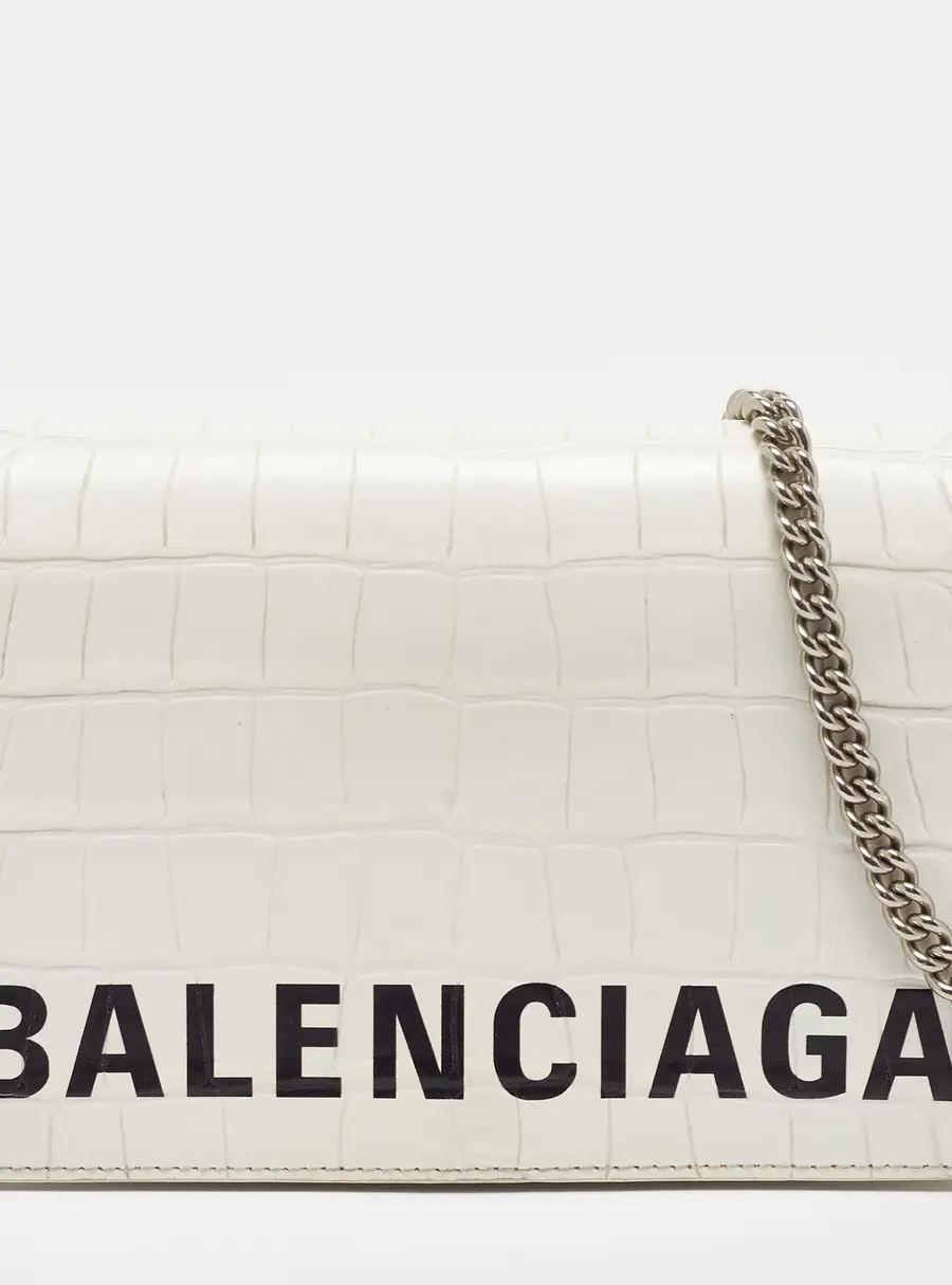 Balenciaga Ville White/Black Croc Embossed Leather Wallet On Chain