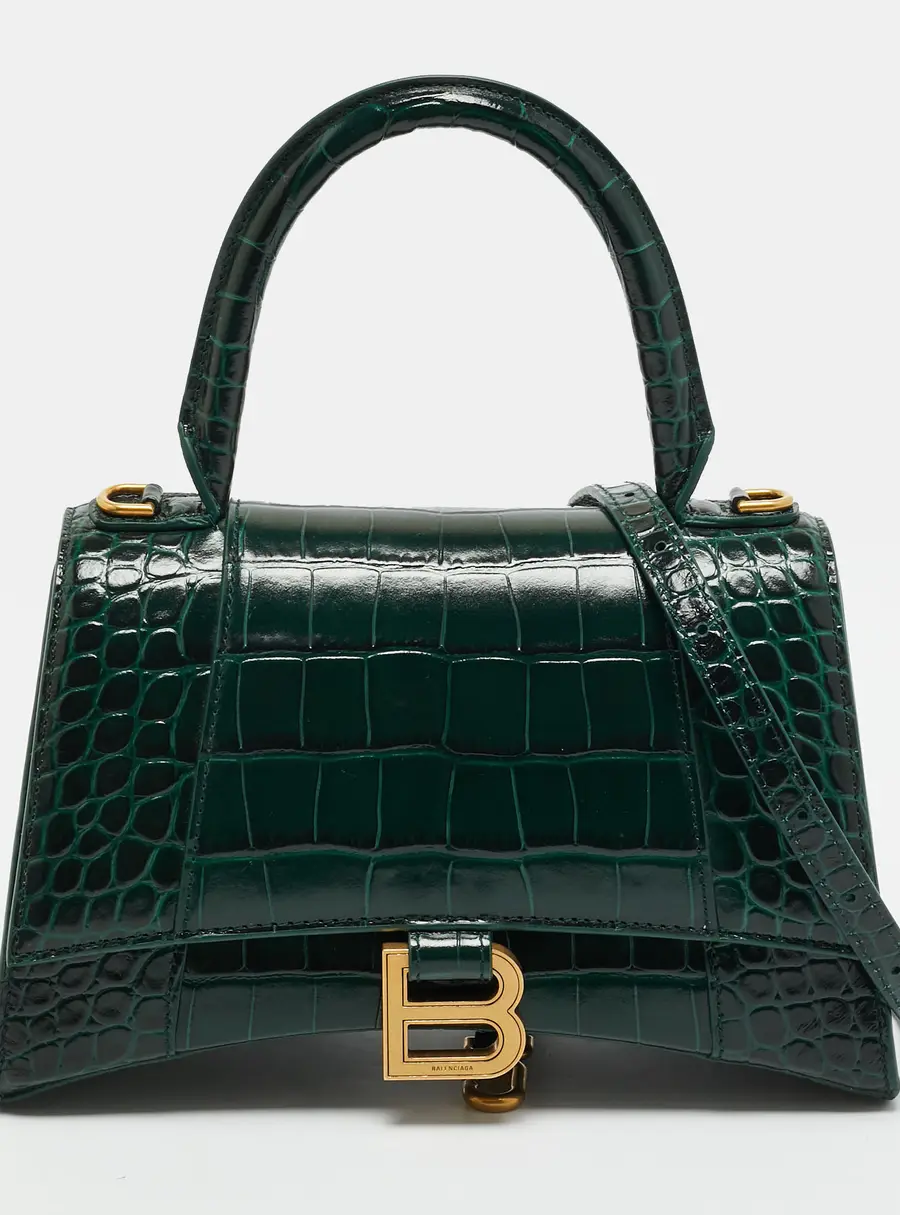 Balenciaga Hourglass Small Green Croc Embossed Leather Top Handle Bag
