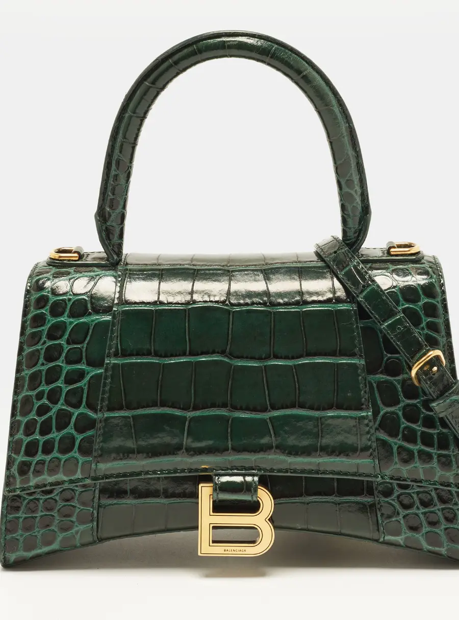 Balenciaga Hourglass Small Green Croc Embossed Leather Top Handle Bag