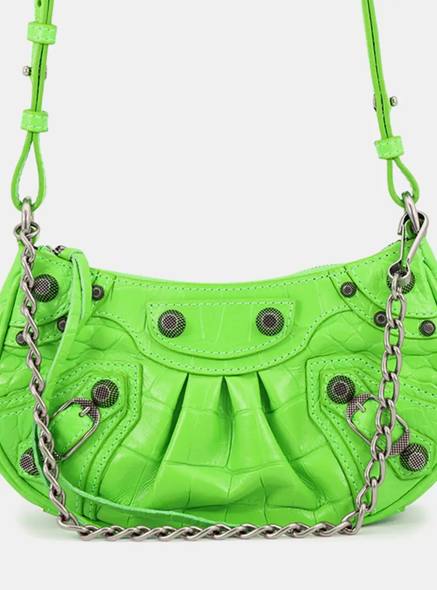 Balenciaga Le Cagole Mini Neon Green Crocodile Embossed Leather Shoulder Bag