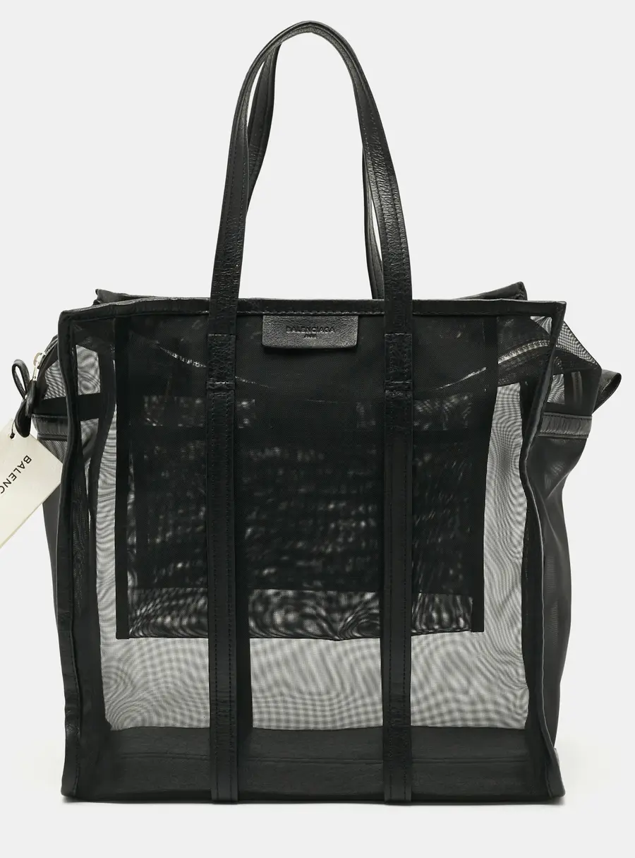 Balenciaga Bazar Medium Black Mesh Nylon and Leather Tote